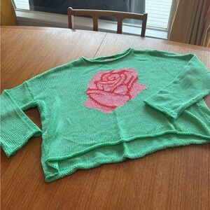 Wooden Ships Mint Sweater with Pink Rose